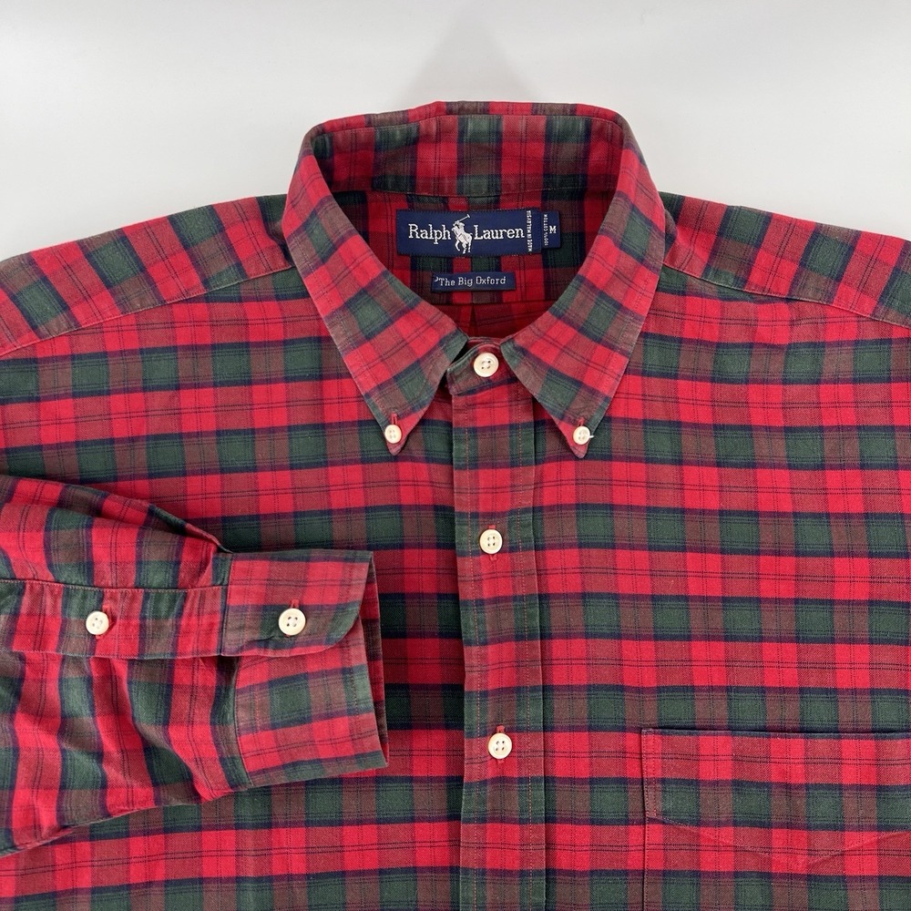 Ralph Lauren Shirt Mens Medium Red Green Big Oxford Plaid Long Sleeve Button